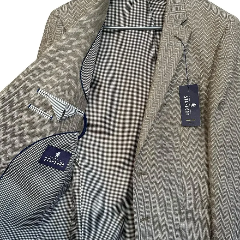 Stafford Men’s Taupe Herringbone Slim Fit Linen Wool Sports Coat Blazer Size 40L